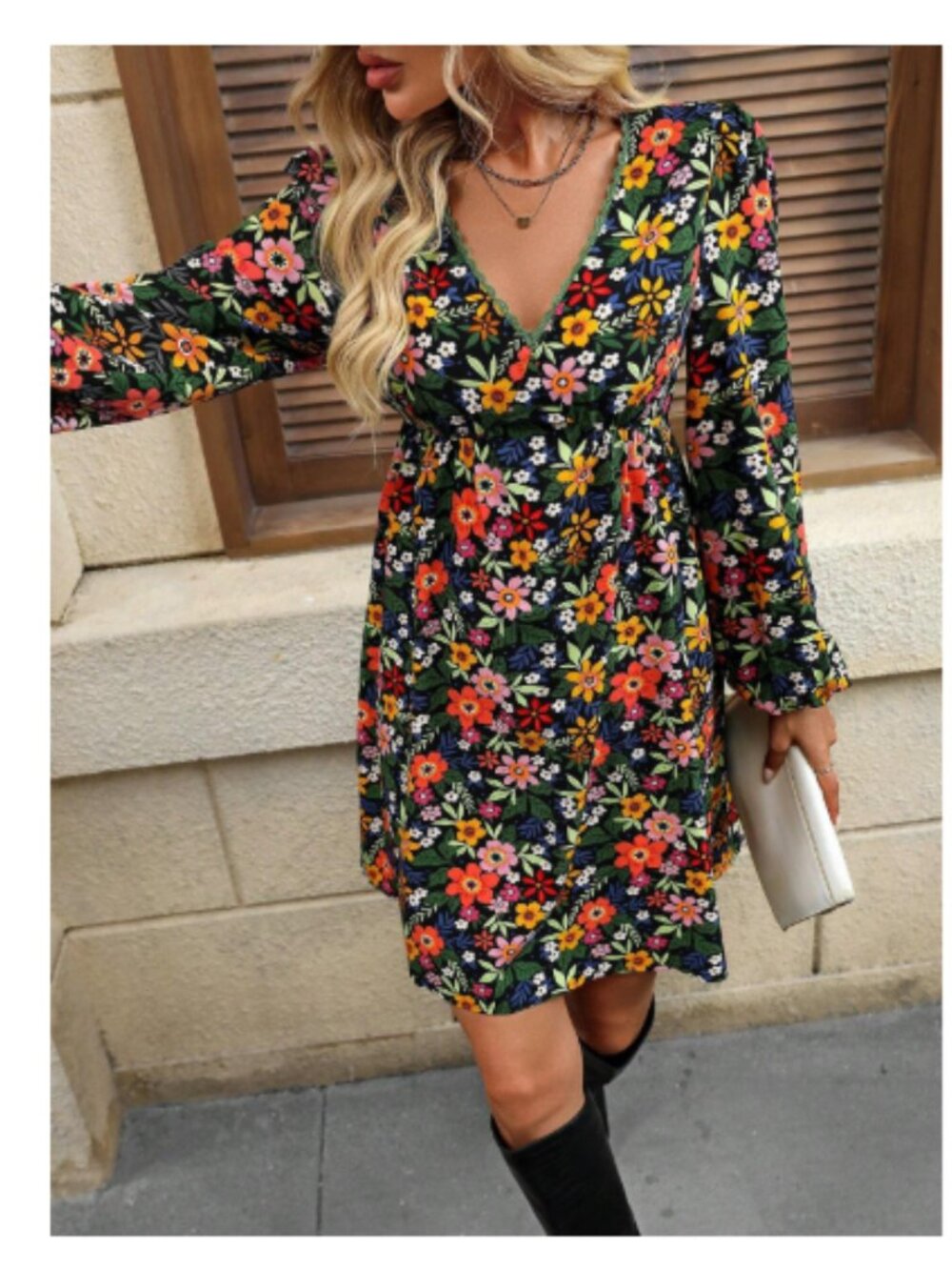 Women's SHEIN Floral V-Neck Long Sleeve Dress Casual Boho Style - Medium
